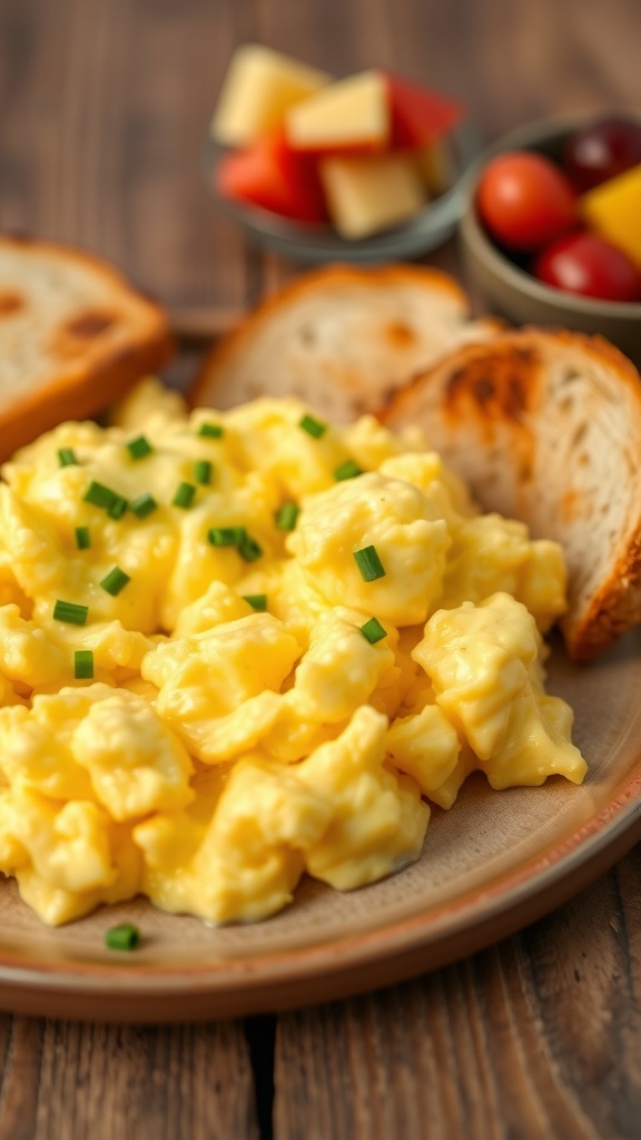 Fluffy scrambled eggs garnished with chives on a plate with toast and fruit.